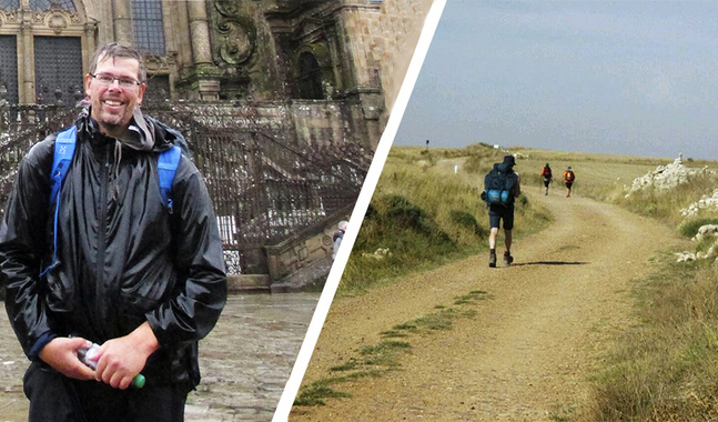 En genomblöt Mikael Grönroos framme i Santiago de Compostela. Samt vandring på Meseta, en platå i norra Spanien. 