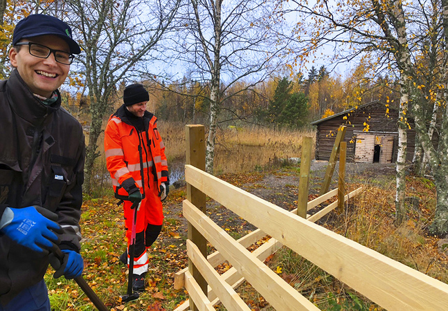 Mats Gädda och Mantach Kostiantyn gör stolpar till nya hagar på Strandhem i Nämpnäs. Foto: Privat
