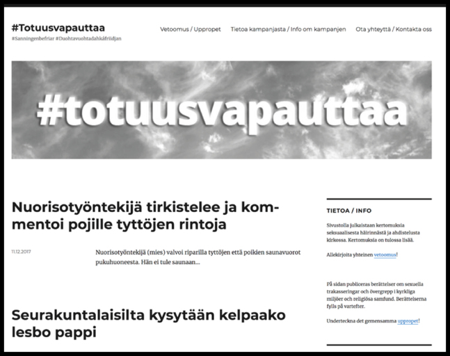 På webbsidan totuusvapauttaa.fi kan man ta del av berättelser om övergrepp i kyrkliga miljöer.